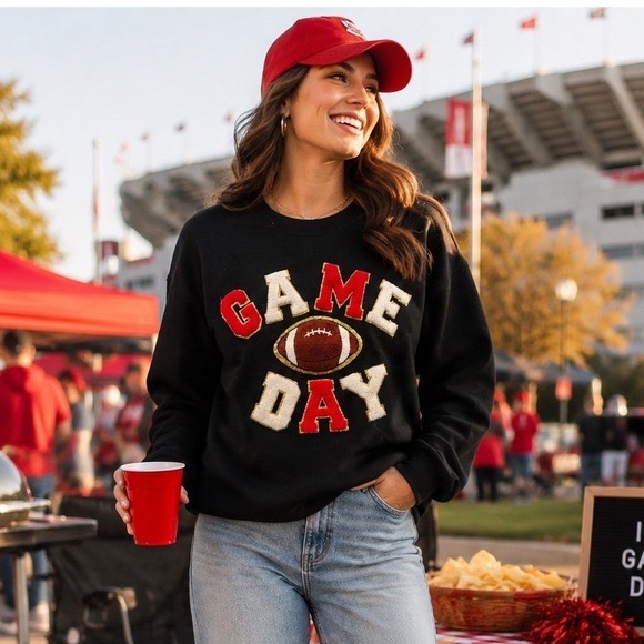 BiBi Tops - Game Day Football Crewneck Sweatshirt Chenille Varsity Black Sports Fan Sz L